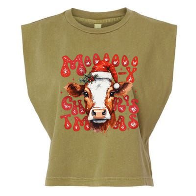 Funny Mooey Christmas Cow Christmas Retro Santa Hat Cow Xmas Garment-Dyed Women's Muscle Tee