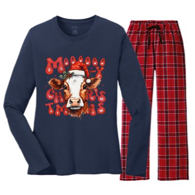 Funny Mooey Christmas Cow Christmas Retro Santa Hat Cow Xmas Women's Long Sleeve Flannel Pajama Set 