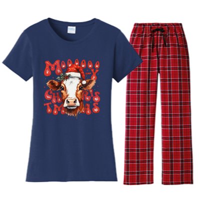 Funny Mooey Christmas Cow Christmas Retro Santa Hat Cow Xmas Women's Flannel Pajama Set