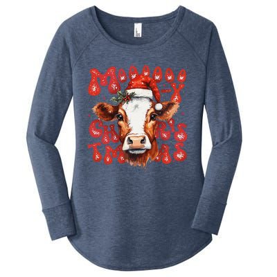 Funny Mooey Christmas Cow Christmas Retro Santa Hat Cow Xmas Women's Perfect Tri Tunic Long Sleeve Shirt