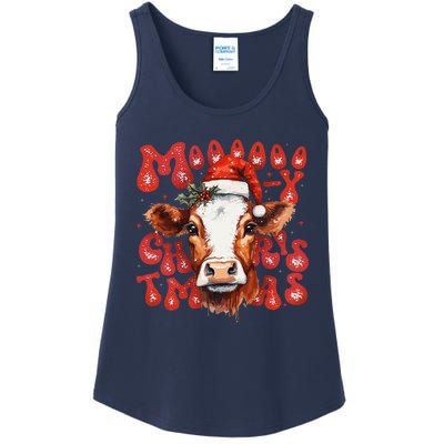 Funny Mooey Christmas Cow Christmas Retro Santa Hat Cow Xmas Ladies Essential Tank