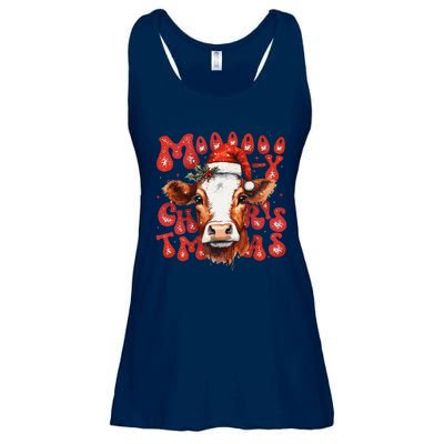 Funny Mooey Christmas Cow Christmas Retro Santa Hat Cow Xmas Ladies Essential Flowy Tank