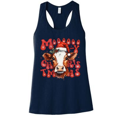 Funny Mooey Christmas Cow Christmas Retro Santa Hat Cow Xmas Women's Racerback Tank