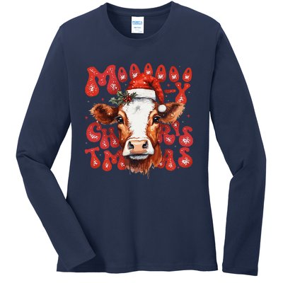 Funny Mooey Christmas Cow Christmas Retro Santa Hat Cow Xmas Ladies Long Sleeve Shirt