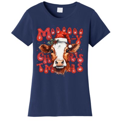 Funny Mooey Christmas Cow Christmas Retro Santa Hat Cow Xmas Women's T-Shirt