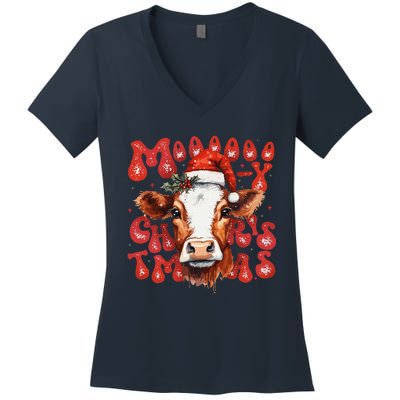 Funny Mooey Christmas Cow Christmas Retro Santa Hat Cow Xmas Women's V-Neck T-Shirt