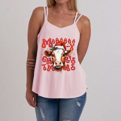 Funny Mooey Christmas Cow Christmas Retro Santa Hat Cow Xmas Women's Strappy Tank