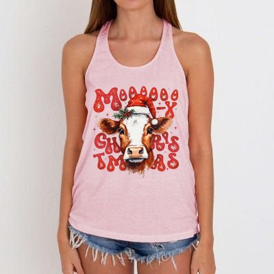 Funny Mooey Christmas Cow Christmas Retro Santa Hat Cow Xmas Women's Knotted Racerback Tank