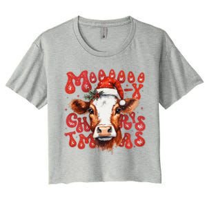 Funny Mooey Christmas Cow Christmas Retro Santa Hat Cow Xmas Women's Crop Top Tee