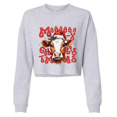 Funny Mooey Christmas Cow Christmas Retro Santa Hat Cow Xmas Cropped Pullover Crew