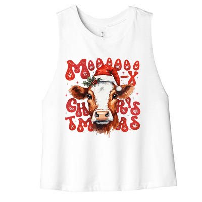 Funny Mooey Christmas Cow Christmas Retro Santa Hat Cow Xmas Women's Racerback Cropped Tank