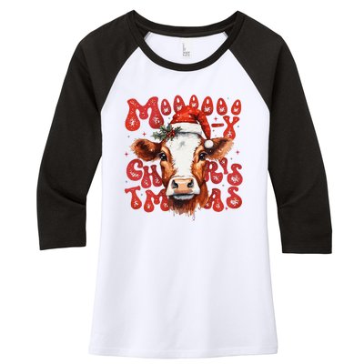 Funny Mooey Christmas Cow Christmas Retro Santa Hat Cow Xmas Women's Tri-Blend 3/4-Sleeve Raglan Shirt