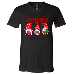 Funny Merry Christmas Buffalo Plaid Cute Gnomes Xmas Costume V-Neck T-Shirt