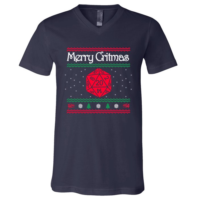 Funny Merry Critmas Christmas D20 Rpg Board Game Role V-Neck T-Shirt