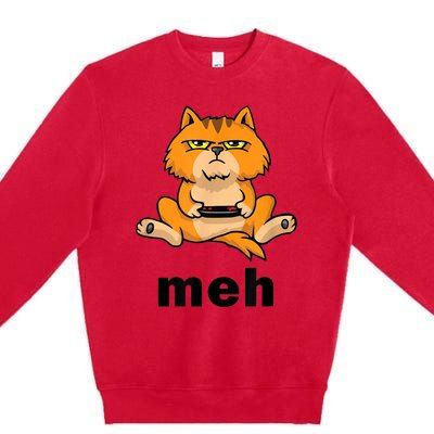 Funny Meh Cat Video Game Gift For Cat Lovers Premium Crewneck Sweatshirt