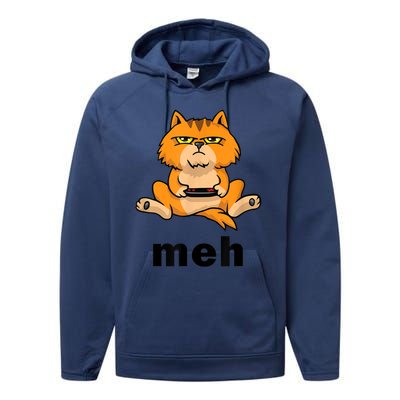 Funny Meh Cat Video Game Gift For Cat Lovers Performance Fleece Hoodie