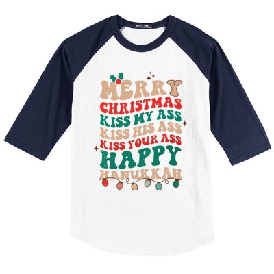 Funny Merry Christmas Kiss My Ass Happy Hanukkah Groovy Xmas Baseball Sleeve Shirt