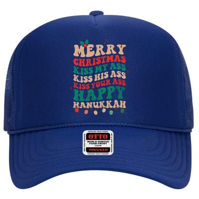 Funny Merry Christmas Kiss My Ass Happy Hanukkah Groovy Xmas High Crown Mesh Back Trucker Hat