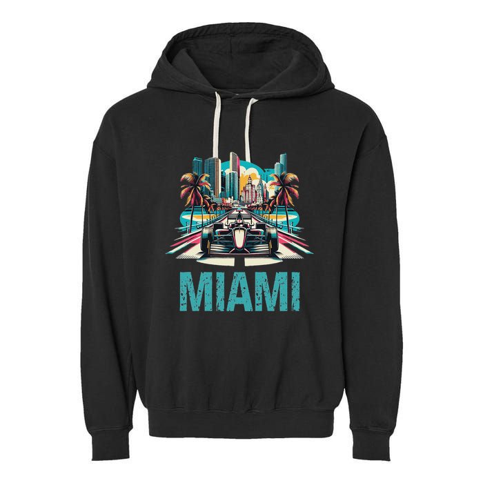 Formula Miami City Racing Circuit Car Map G.R.A.N.D P.R.I.X Race Garment-Dyed Fleece Hoodie