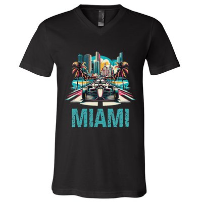 Formula Miami City Racing Circuit Car Map G.R.A.N.D P.R.I.X Race V-Neck T-Shirt