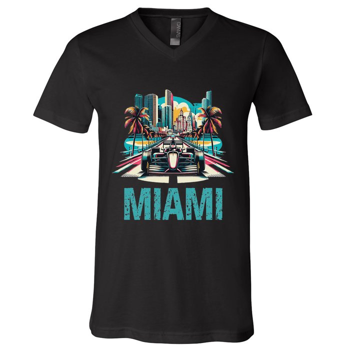 Formula Miami City Racing Circuit Car Map G.R.A.N.D P.R.I.X Race V-Neck T-Shirt