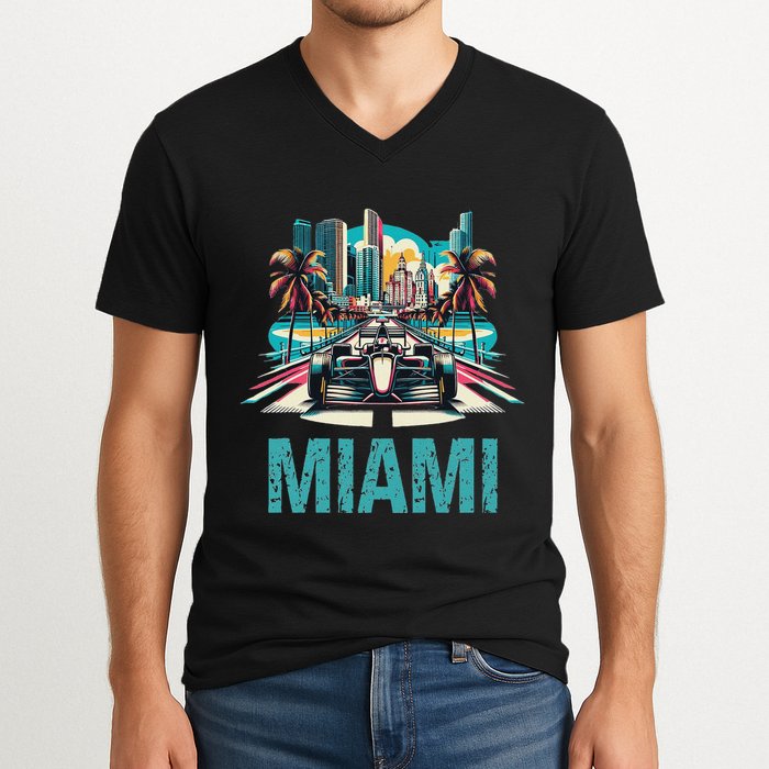 Formula Miami City Racing Circuit Car Map G.R.A.N.D P.R.I.X Race V-Neck T-Shirt