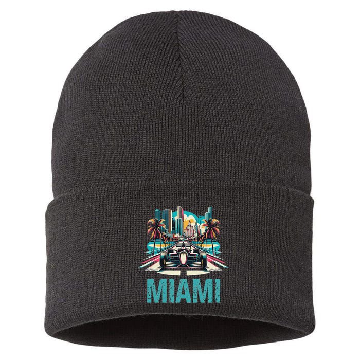 Formula Miami City Racing Circuit Car Map G.R.A.N.D P.R.I.X Race Sustainable Knit Beanie
