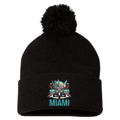 Formula Miami City Racing Circuit Car Map G.R.A.N.D P.R.I.X Race Pom Pom 12in Knit Beanie