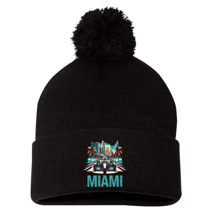 Formula Miami City Racing Circuit Car Map G.R.A.N.D P.R.I.X Race Pom Pom 12in Knit Beanie