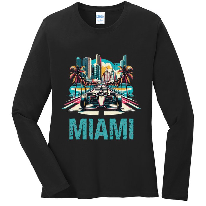 Formula Miami City Racing Circuit Car Map G.R.A.N.D P.R.I.X Race Ladies Long Sleeve Shirt