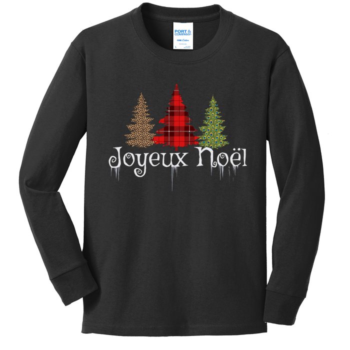 French Merry Christmas Joyeux NoëL Xmas Trees Kids Long Sleeve Shirt