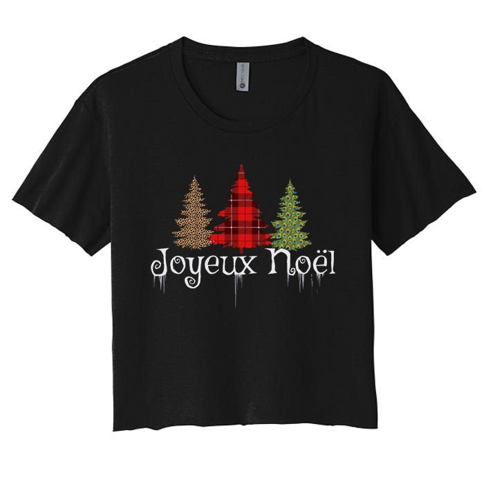 French Merry Christmas Joyeux NoëL Xmas Trees Long Sleeve Women's Crop Top Tee