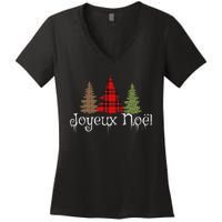 French Merry Christmas Joyeux NoëL Xmas Trees Long Sleeve Women's V-Neck T-Shirt