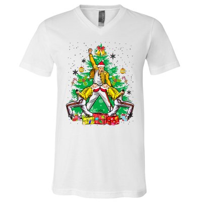 Freddie Mercury Christmas Tree Queen Band Xmas Rock Music Outfit V-Neck T-Shirt