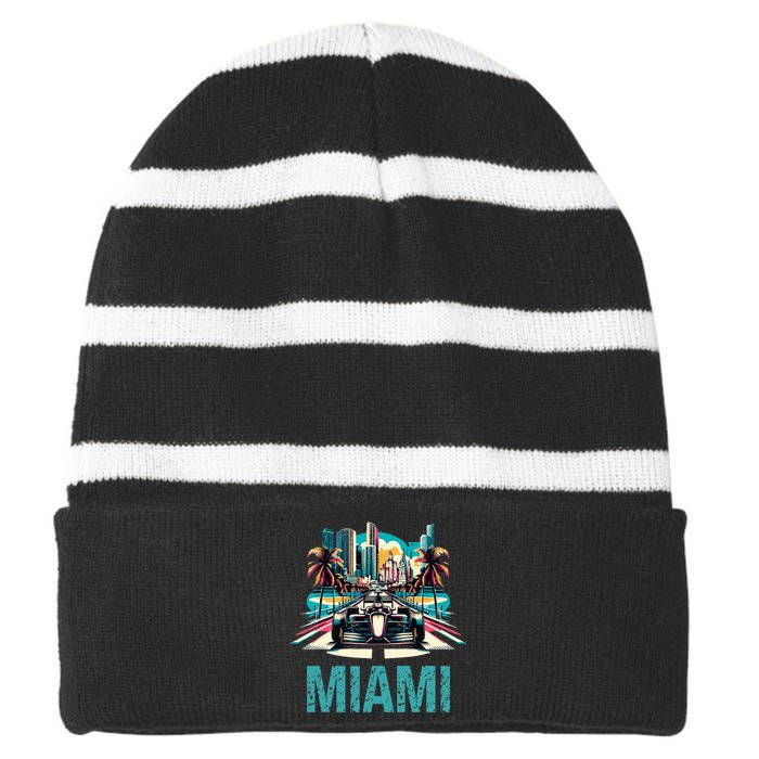 Formula Miami City Racing Circuit Car Map Grand Prix Race Striped Beanie with Solid Band