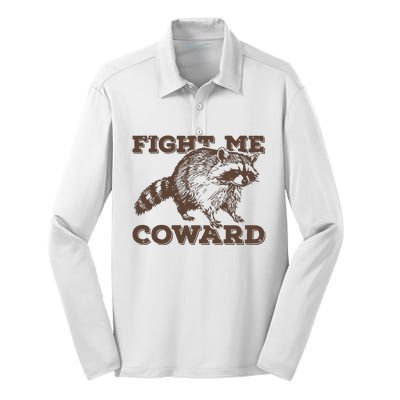 Fight Me Coward Funny Raccoon Vintage Graphic Silk Touch Performance Long Sleeve Polo