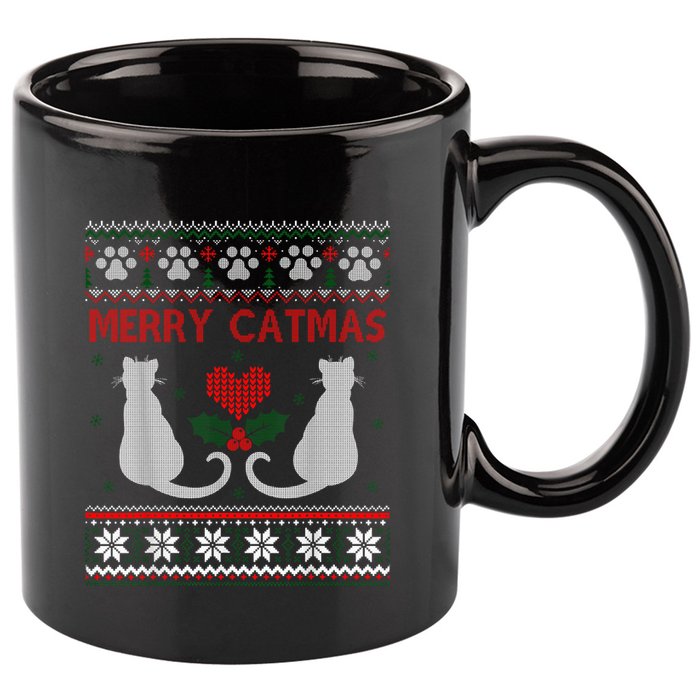 Funny Merry Catmas Ugly Christmas Sweater 11oz C Handle Ceramic Mug