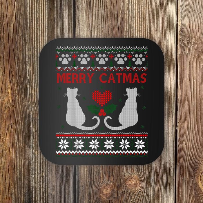 Funny Merry Catmas Ugly Christmas Sweater Coaster