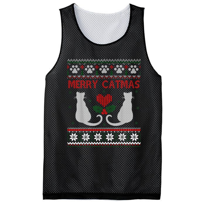 Funny Merry Catmas Ugly Christmas Sweater Mesh Reversible Basketball Jersey Tank