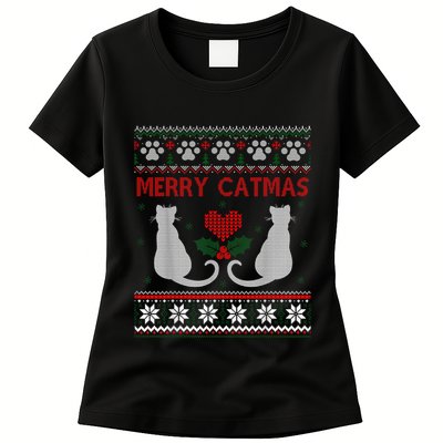 Funny Merry Catmas Ugly Christmas Sweater Womens T-Shirt