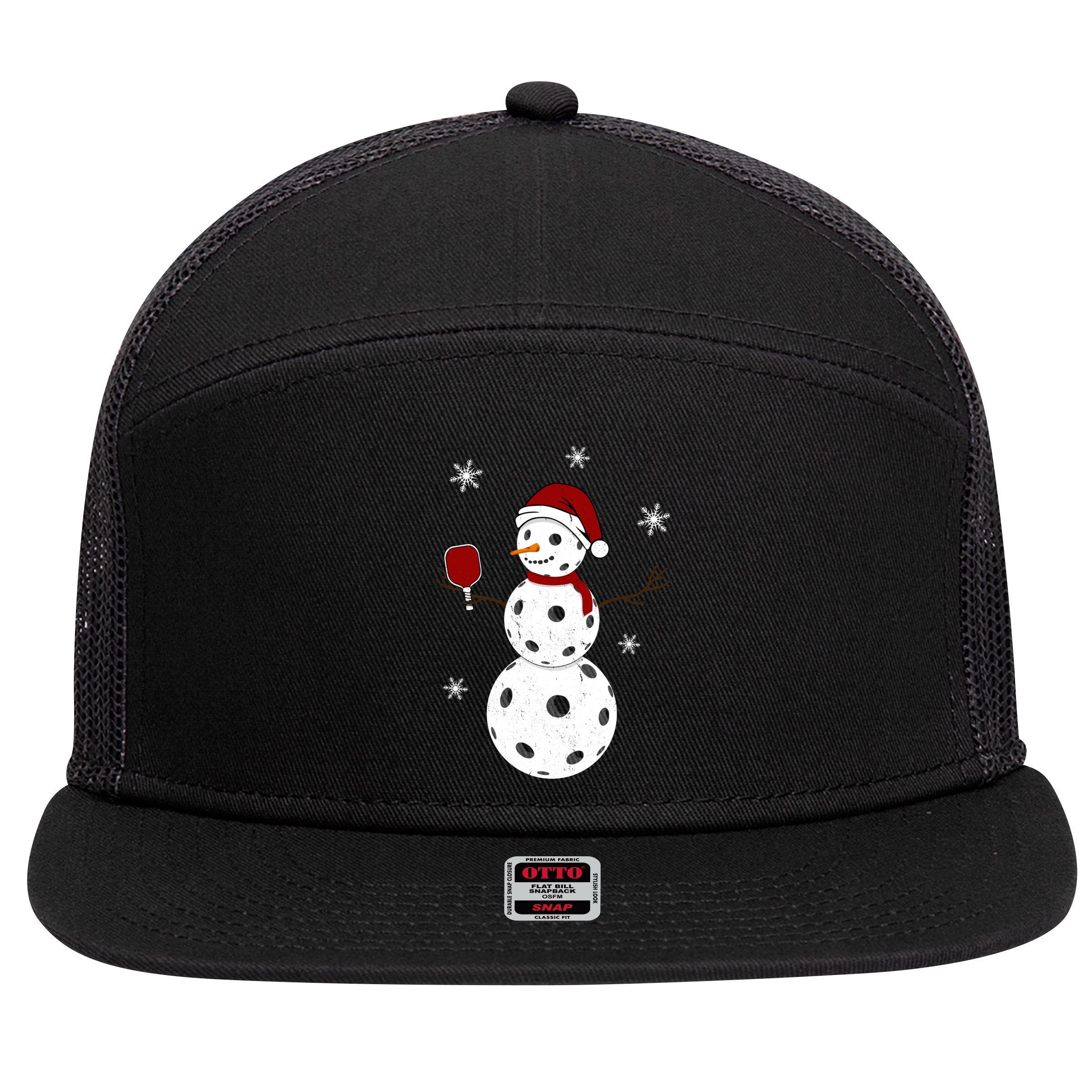 Funny Merry Christmas Snowman Playing Pickleball 7 Panel Mesh Trucker Snapback Hat