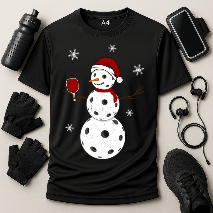 Funny Merry Christmas Snowman Playing Pickleball Cooling Performance Crew T-Shirt