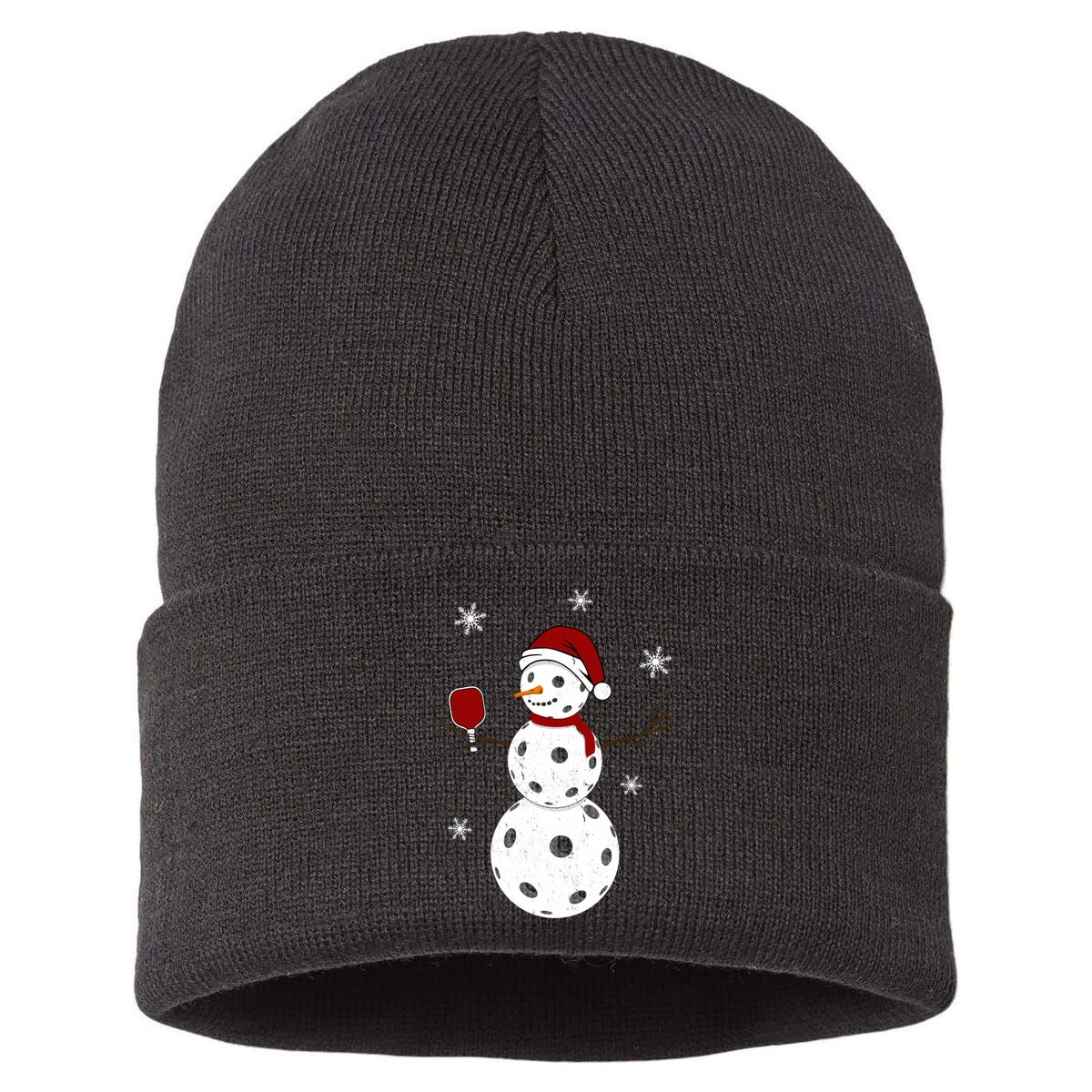 Funny Merry Christmas Snowman Playing Pickleball Sustainable Knit Beanie