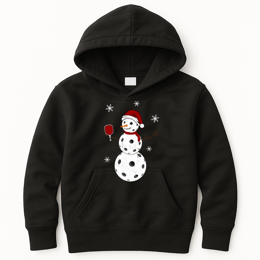 Funny Merry Christmas Snowman Playing Pickleball Kids Hoodie