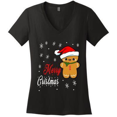 Funny Merry Christmas Gingerbread Man Costume Long Sleeve Women's V-Neck T-Shirt