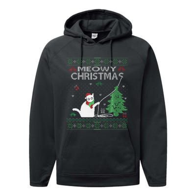 Funny Meowy Christmas Cats Xmas Cute Cat Lover Ugly Sweater Performance Fleece Hoodie