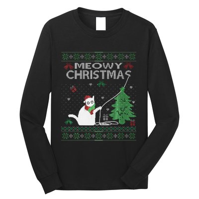 Funny Meowy Christmas Cats Xmas Cute Cat Lover Ugly Sweater Long Sleeve Shirt