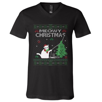 Funny Meowy Christmas Cats Xmas Cute Cat Lover Ugly Sweater V-Neck T-Shirt