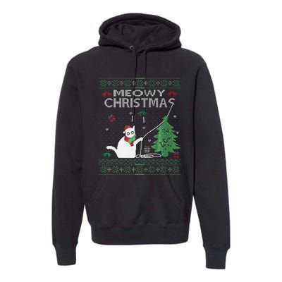 Funny Meowy Christmas Cats Xmas Cute Cat Lover Ugly Sweater Premium Hoodie