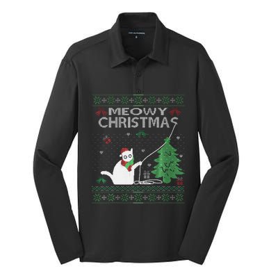 Funny Meowy Christmas Cats Xmas Cute Cat Lover Ugly Sweater Silk Touch Performance Long Sleeve Polo